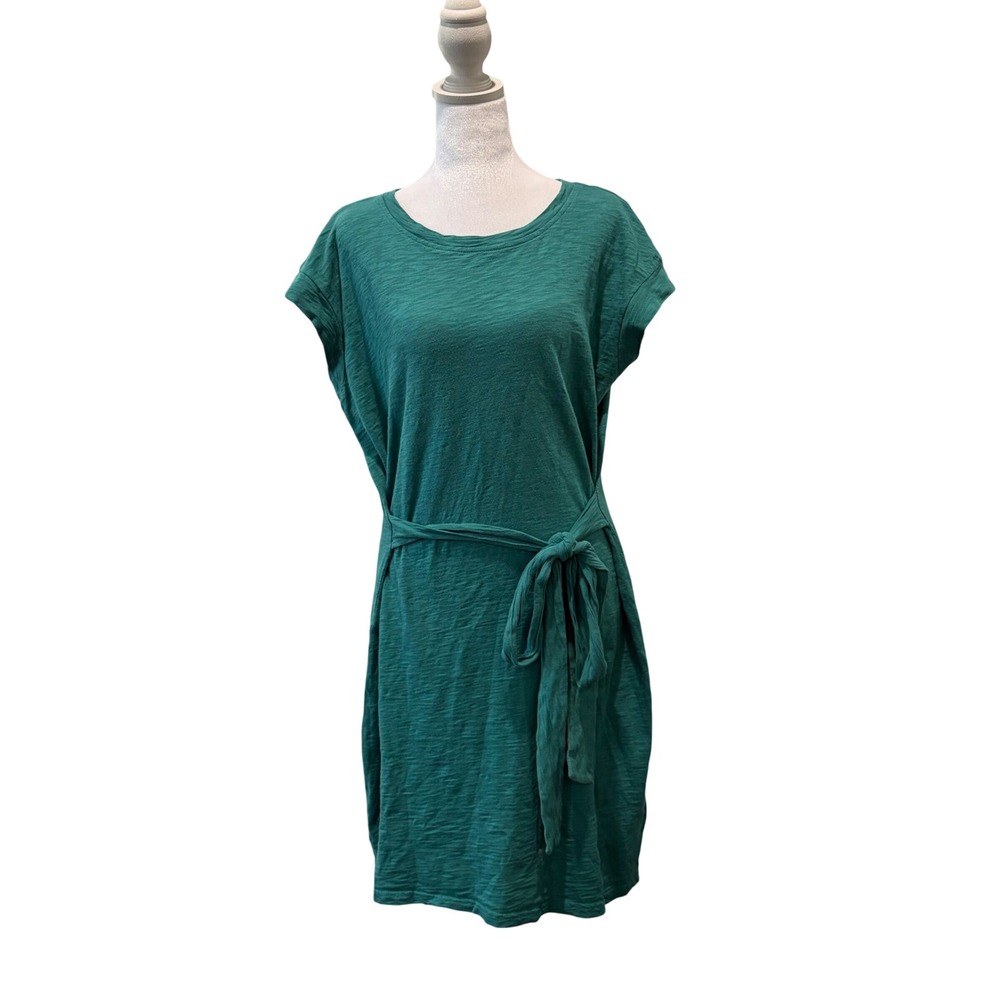 J.Crew Slub Cotton T-Shirt Dress Womens Large Green Tie Waist BI142 Preppy